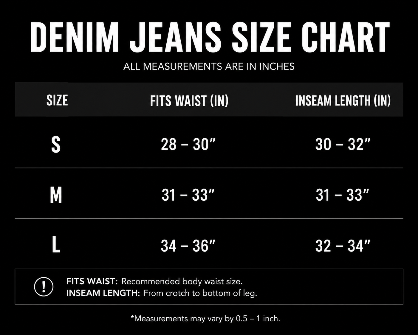 'Nocturne' Baggy Denim Jeans size chart
