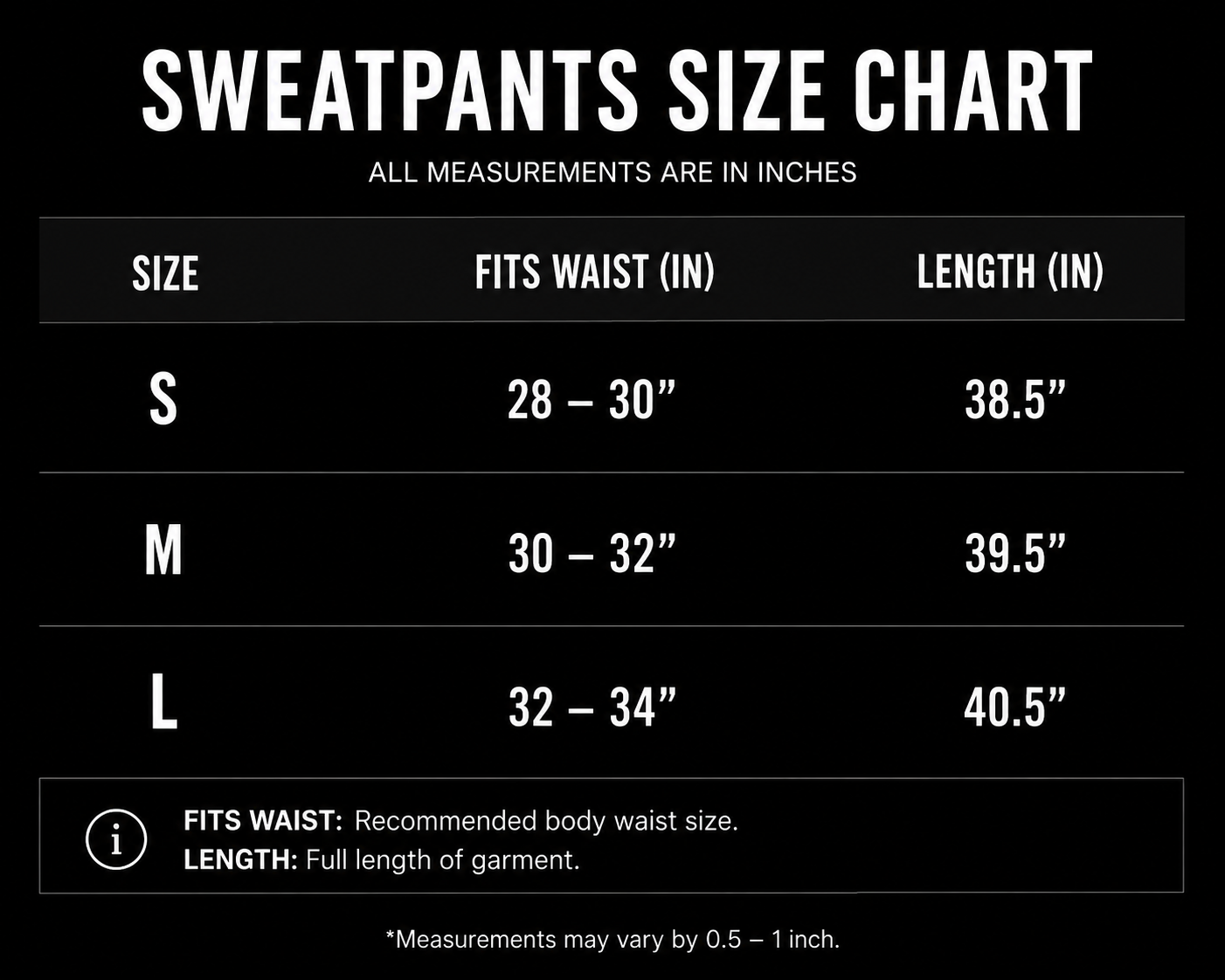 'Nocturne' Sigil Sweatpants size chart