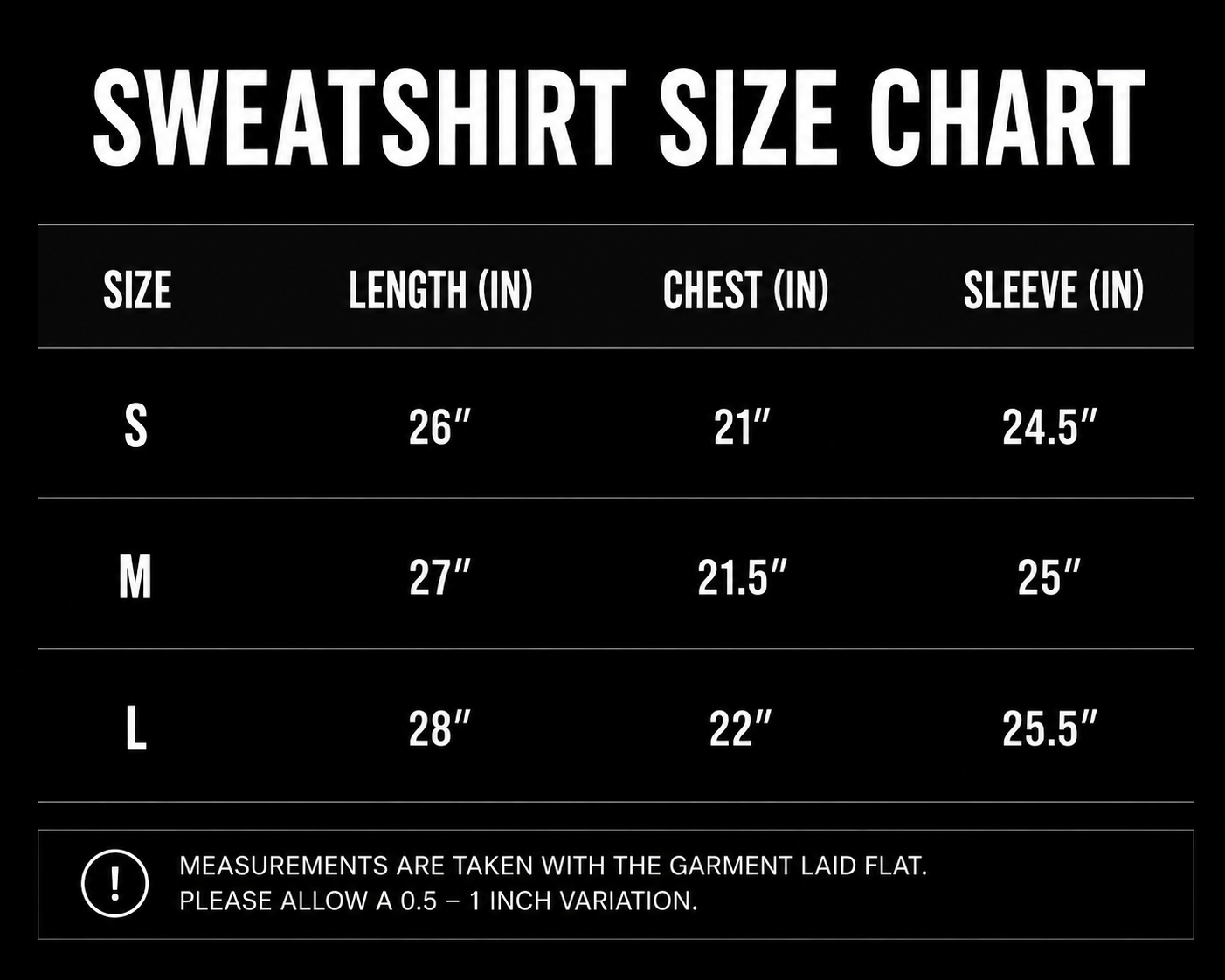 'Nocturne' Sigil Sweatshirt size chart